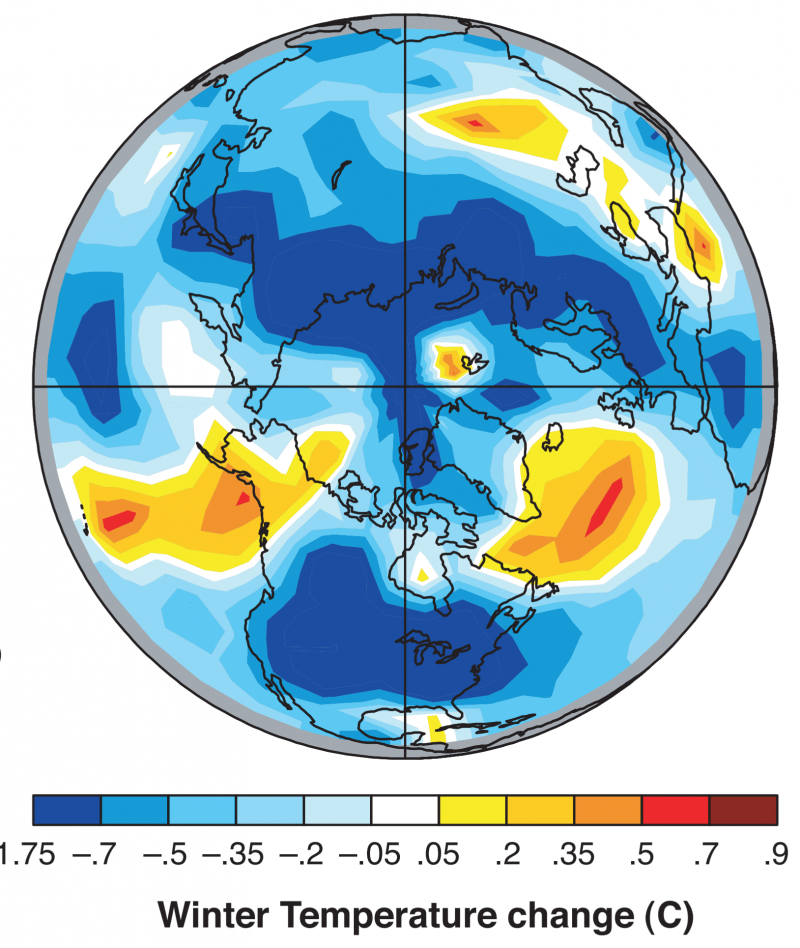 MAP - World GCM model based Global Winter Temperature Change during Maunder Minimum (NASA GISS, 2001) .png